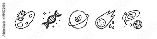 Science Space Exploration and Biology Icons Rough Sketch Set