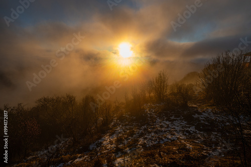A breathtaking winter sunrise at Tonglu near Sandakphu in Darjeeling, India, where golden sunlight pierces through dense mountain mist, illuminating leafless bushes and a light blanket of snow. 