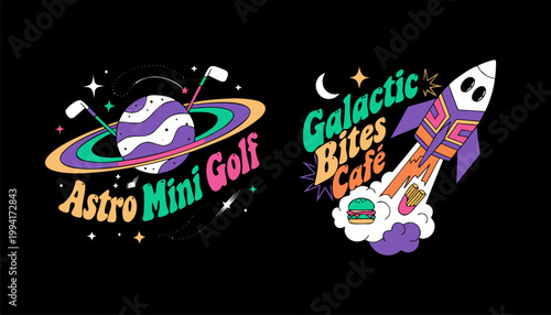 A colorful vector graphic illustration of a space-themed cafe and mini golf logo set