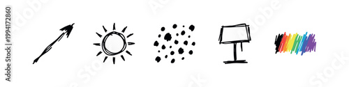 Rough Hand Drawn Sketch Icons of Arrow, Sun, Particles, Lamp, and Rainbow Strip