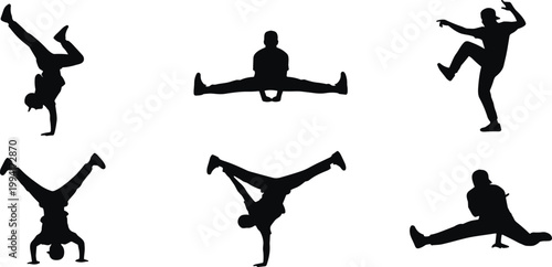 Breakdancer silhouette illustration collection featuring acrobatic moves, handstands, splits, dynamic leg positions, street dance performance concept, vector graphic design set