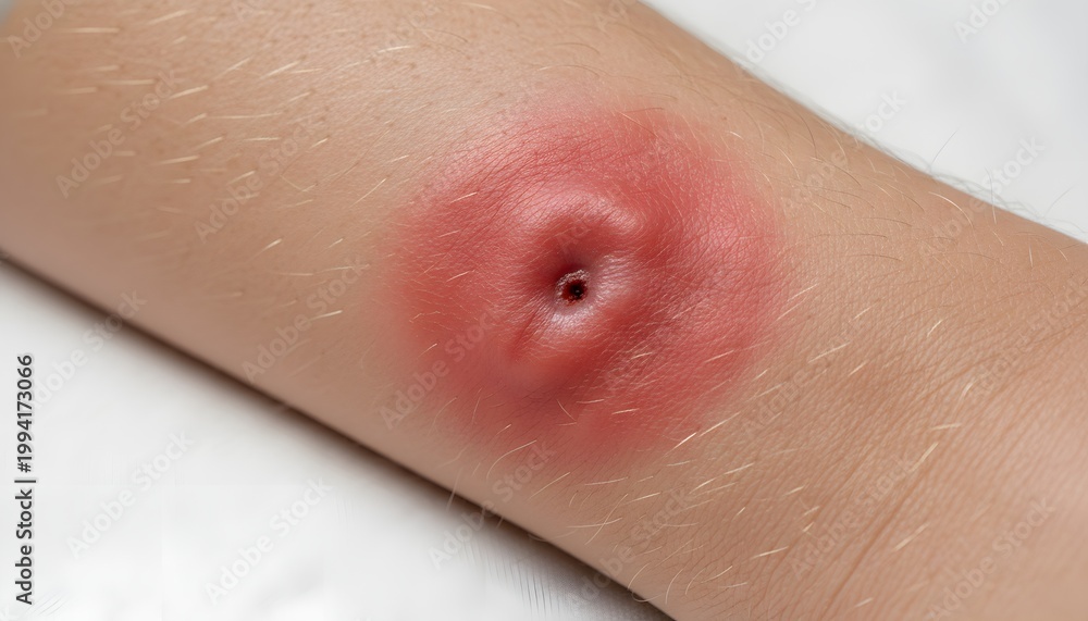 Fototapeta premium Close up macro of a swollen bee sting reaction on human skin for severe allergies concept, showing red inflammation, local swelling, and a puncture mark needing medical treatment
