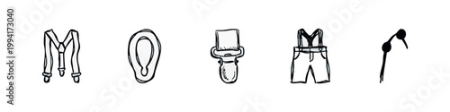 Hand Drawn Fashion Accessory Sketches with Suspenders Lederhosen and Spectacles