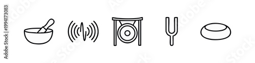 Outline icons: mortar, sound waves, gong, tuning fork, bowl