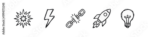Set of 5 hand-drawn concept icons: explosion, lightning, broken link, rocket, lightbulb