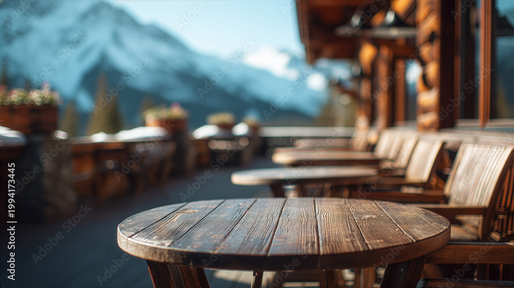 Naklejka premium Cozy Mountain Terrace Scene With Tables And Blurred Alpine Landscape