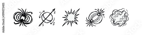 Physics and Magnetism Hand Drawn Doodle Icon Set - Magnetic Fields, Compass, Explosion, Energy