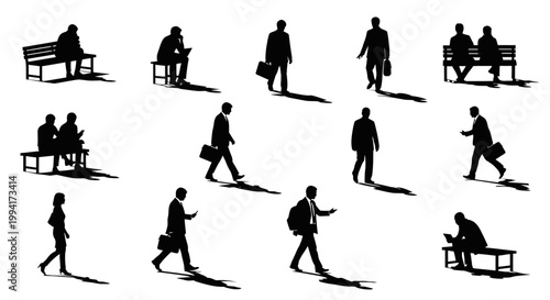 a vector set of black silhouettes of business people walking and sitting depicting a modern urban commute.
