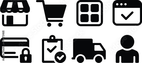 Obraz na plátně Ecommerce platform icon set, filled vector icons of online store shopping cart product listing and digital marketplace symbols for business and retail design