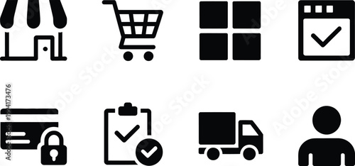 Ecommerce platform icon set, filled vector illustration of online shopping store cart and product listing symbols for digital commerce and retail interface design.