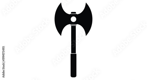 A stark black silhouette depicts a double bladed battle axe centered on a clean white background high quality