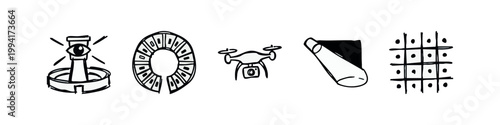Doodle Icons: Eye Tower, Ring, Drone, Spotlight, Tic Tac Toe