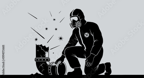 a hazmat suit professional inspects a broken pipe leaking hazardous material highlighting environmental pollution and industrial safety.