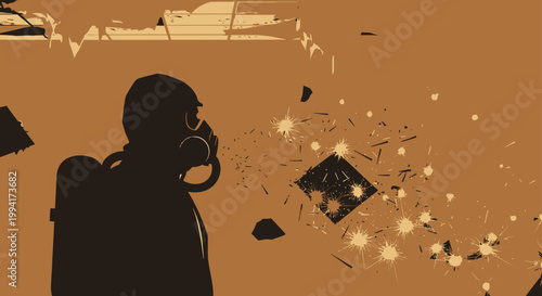 a person in a gas mask stands amid debris and sparks from an environmental disaster illustrating post apocalyptic survival.