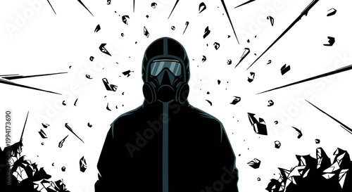 hazmat suit gas mask person in protective gear standing amidst flying debris symbolizing danger crisis and breakthrough.