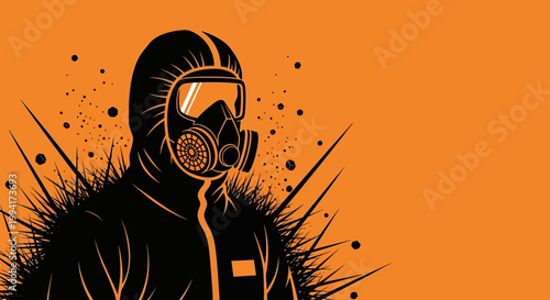 a person in a full hazmat suit and gas mask stands against an orange backdrop symbolizing biohazard protection and industrial safety