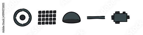 Doodle icons: Target, grid, dome, minus sign, cube with connectors