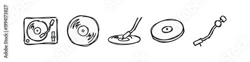 Doodle icons: Turntable, record, stylus, record, tonearm