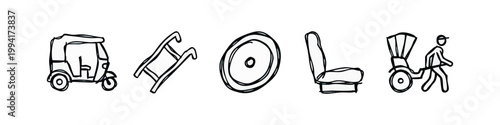 Hand-drawn vector icons of transportation: tuk-tuk, ladder, wheel, seat, rickshaw