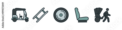 Color icons of transportation: tuk-tuk, ladder, wheel, seat, rickshaw