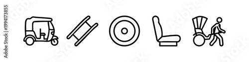Vector icons of transportation: tuk-tuk, ladder, wheel, seat, rickshaw, black and white