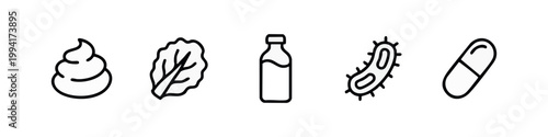 Hand-drawn vector icons of health and science: feces, leaf, bottle, bacteria, pill