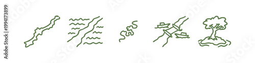 Hand-drawn vector icons of geography and nature: island, coastline, river, boats, tree