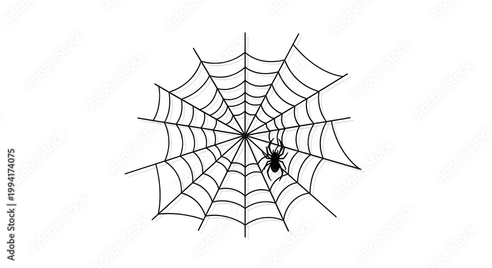 Obraz premium A detailed black spider sitting on a symmetrical cobweb, representing classic spooky Halloween decor.