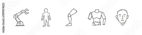 Icons of robot arm, human figure, leg, torso, and face