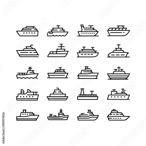 Ship icon set with various boat silhouettes and illustrations