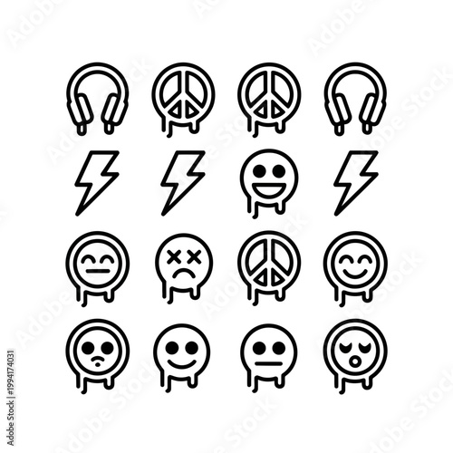 Emoticon icon set with peace signs and headphones in black outline