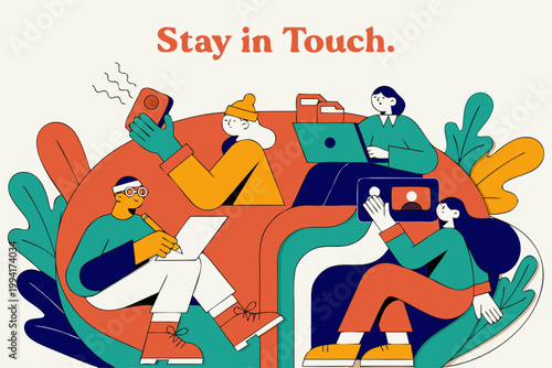 A colorful illustration of people staying in touch with technology
