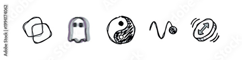 Doodle icons: overlapping shapes, ghost, yin yang, wave, spinning coin
