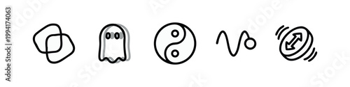 Doodle icons: overlapping shapes, ghost, yin yang, wave, spinning coin (black)