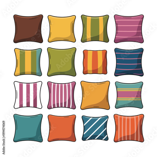 A colorful illustration of throw pillows in various patterns and textures