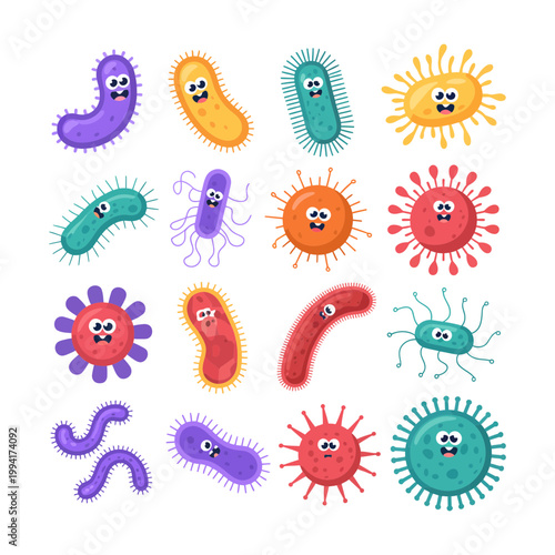 A colorful illustration of various cartoon bacteria and viruses with faces
