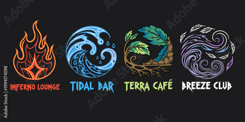 A vector graphic illustration of four colorful logos for Inferno Lounge, Tidal Bar, Terra Cafe, and Breeze Club