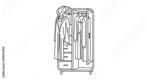 Line Art Illustration of a Modern Wardrobe with Hanging Clothes