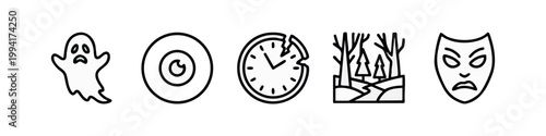 Outline icons: ghost, spiral eye, broken clock, forest, theatrical mask