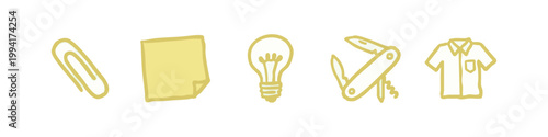 Yellow hand-drawn icons: paperclip, sticky note, lightbulb, multi-tool, shirt