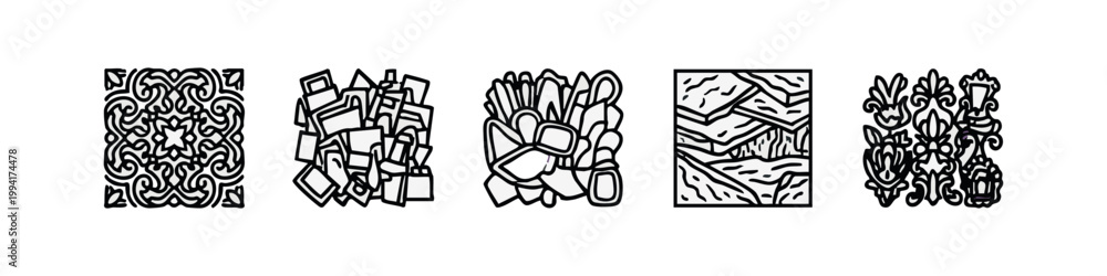 Obraz premium Line Art Icons: Ornate Pattern, Blocks, Random Shapes, Layered Squares