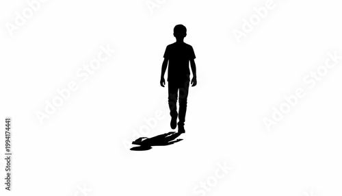 Full length silhouette of a young person walking forward on a white background.