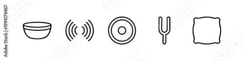 Line Art Icons: Bowl, Sound Waves, Ring, Tuning Fork, Square