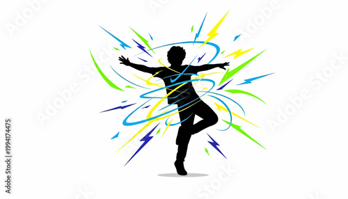 Foto Silhouette of an energetic child dancing with colorful abstract light trails around them