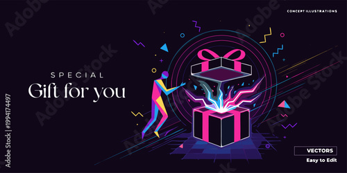 A colorful vector illustration of a person receiving a special gift with a neon effect