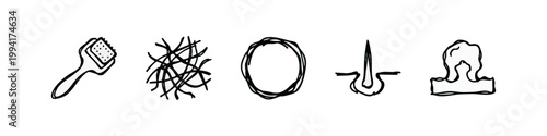 Hand-drawn icons: brush, fibers, circle, hair, tooth