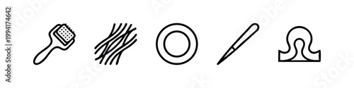 Line art icons: brush, fibers, circle, needle, Omega symbol