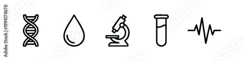 Line art icons: DNA, water drop, microscope, test tube, heartbeat