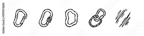 Doodle icons: carabiners, abstract shapes, knot