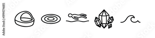 Line art icons: toilet, ripples, person swimming, crystals, wave